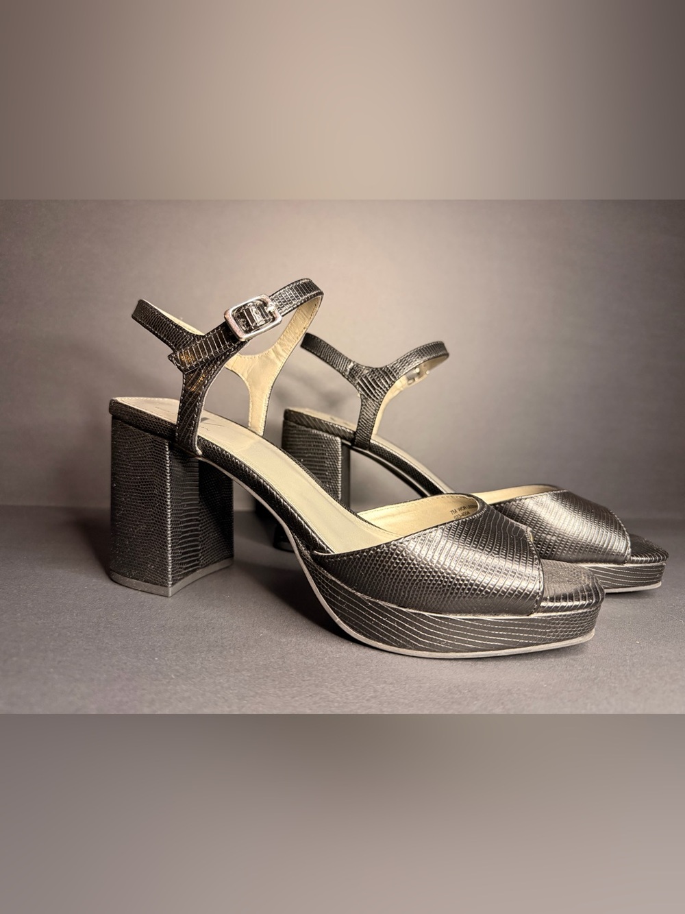 Worthington WOR Lessing Black Reptile Platform Block Heel Sandals 7M w/ Box
